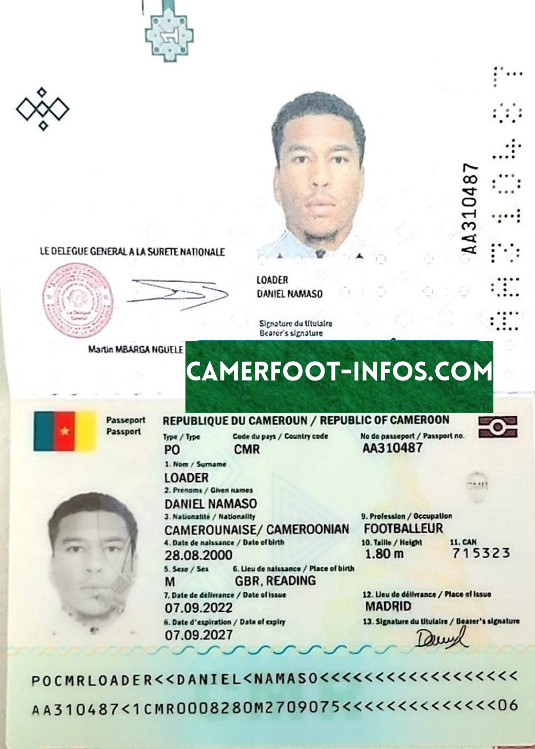 Passeport camerounais de Danny Namaso 