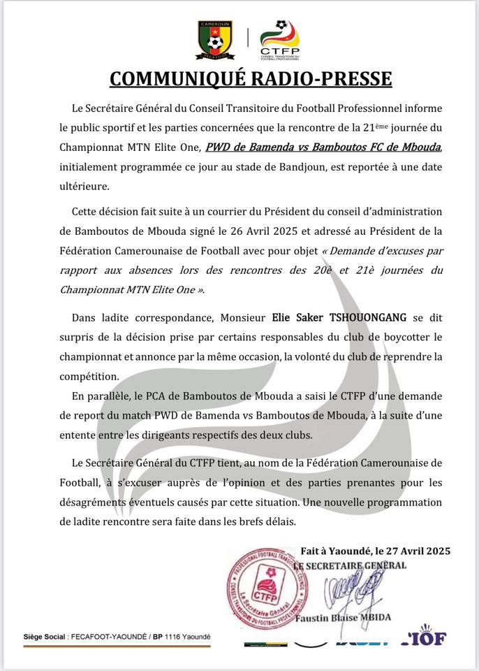 Report du match PWD de Bamenda - Bamboutos de Mbouda